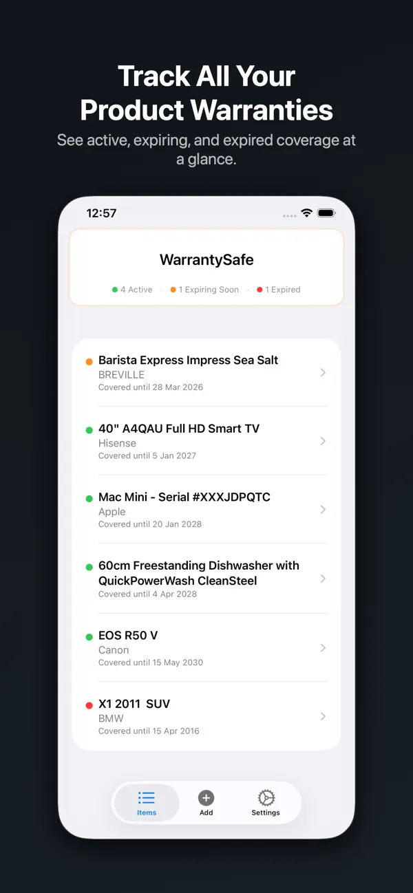 Screenshot #1 pour WarrantySafe: Warranty Tracker