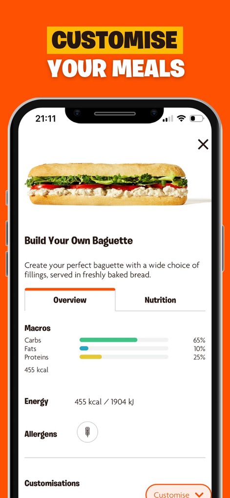 Wenzel’s Loyalty App - The app enables users to 'CUSTOMISE YOUR MEALS' with features like the 'Build Your Own Baguette' section, complete with detailed nutritional information including Macros.