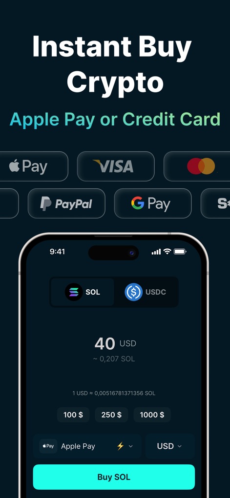 Jupiter Mobile - Solana Wallet - Users can instantly buy crypto using multiple payment methods like Apple Pay, as seen with the prominent "Buy SOL" button and supported payment logos.