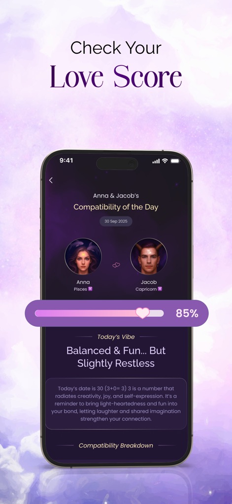 Lumus: Tarot & Psychic Reading - ユーザーは「Anna & Jacob」のようなカップルの「今日の相性」をパーセンテージで確認でき、詳細な「Compatibility Breakdown」を通じて関係性の洞察を得られます。