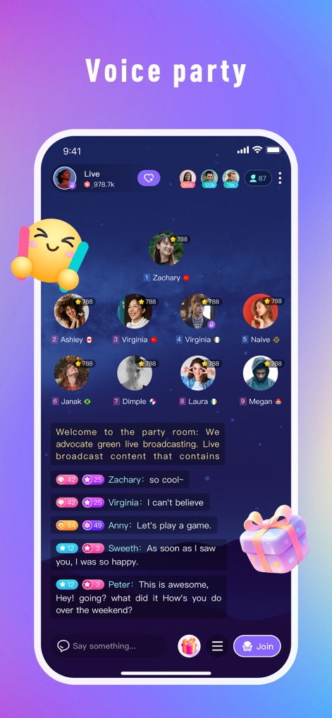 Nala Chat - Dive into a lively live room, featuring a clear participant list and a real-time chat interface for seamless interaction with broadcasters and other users.