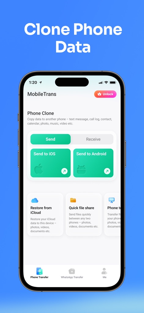 Data Transfer - MobileTrans - このツールは、iOSやAndroidへのデータ送信オプションを提供し、またiCloudからのデータ復元機能も搭載しています。