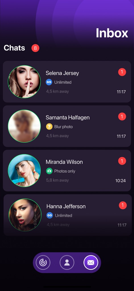 Flirt Chat - Dating Site App - Observe how the app organizes chats with conversation types such as 'Unlimited' and 'Blur photo', alongside visible unread message indicators.