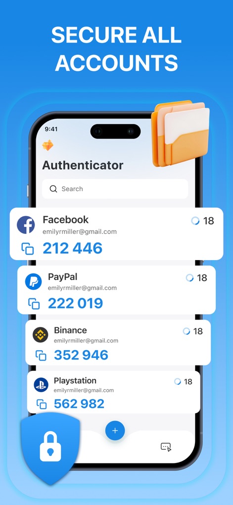 BlazeAuth - MFA Authenticator - La aplicación ofrece una visión clara de todas las cuentas protegidas, mostrando una lista organizada de servicios como Facebook y PayPal con sus respectivos códigos 2FA, y destacando su seguridad con el icono de candado en la parte inferior izquierda.