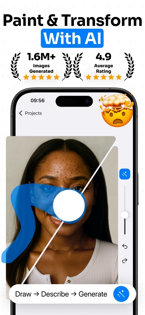 Drostudio: AI Photo Editor - Questo screenshot evidenzia il processo di trasformazione AI dell'app, mostrando come una selezione tramite pittura (la maschera blu) possa essere combinata con un comando descrittivo (il prompt "Draw -> Describe -> Generate") per risultati realistici.