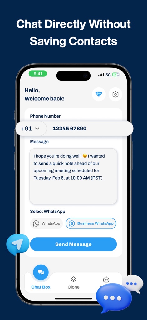 Dual Space : Parallel Accounts - Users can initiate direct chats without saving contacts, utilizing the dedicated phone number input field and selecting between WhatsApp or Business WhatsApp with clear buttons.