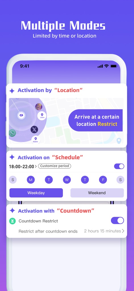 Inside - App Lock Manager - Discover the app's advanced automatic restriction capabilities, showcasing flexible options like location-based activation using a map interface and scheduled time restrictions with specific weekday/weekend toggles.