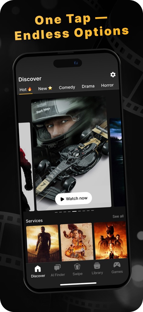Movies Hub - Swipe and Like - See how the app presents diverse content categories like 'Hot' and 'New' and offers immediate engagement through the 'Watch now' button.