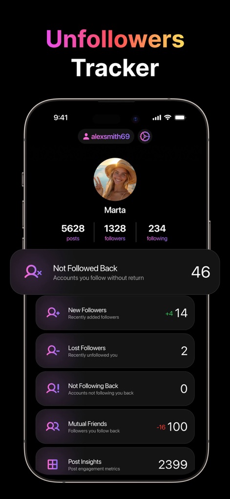 Unfollow Tracker & Reports - Experience the app's dark mode interface, showcasing crucial insights such as recently lost followers and mutual friends in an easy-to-read format.