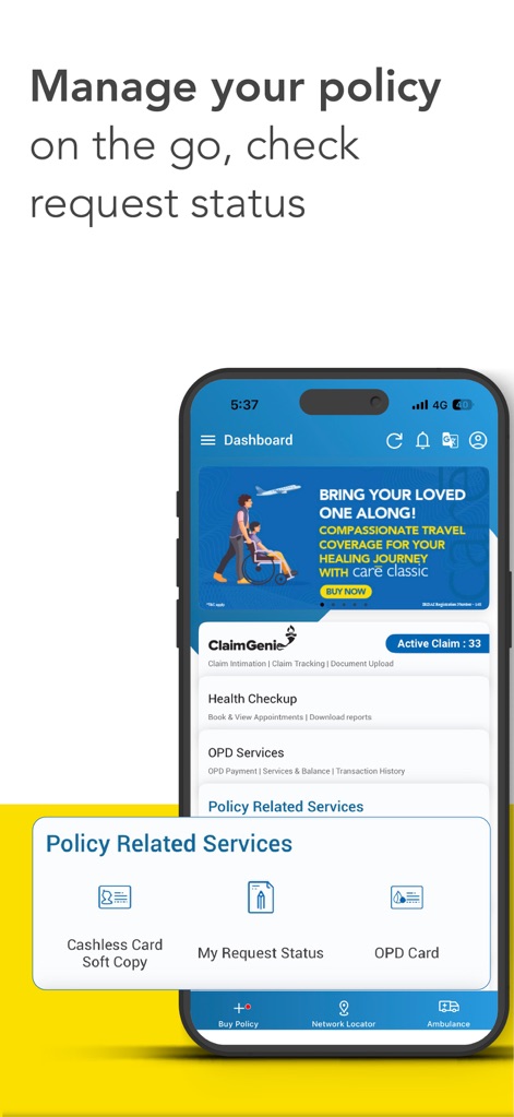 Care Health - Customer App - The platform enables comprehensive policy management, allowing users to track their My Request Status and download a Cashless Card Soft Copy.