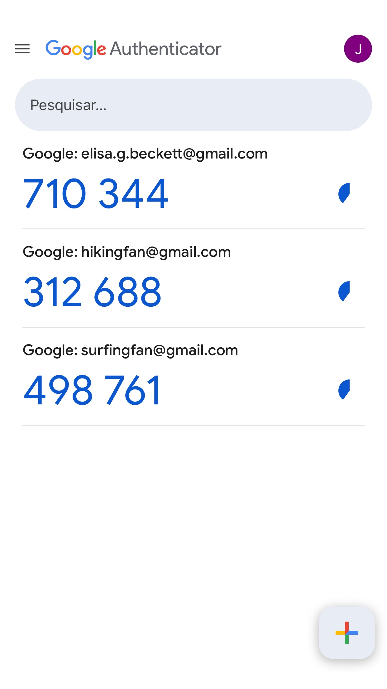 Screenshot do app Google Authenticator