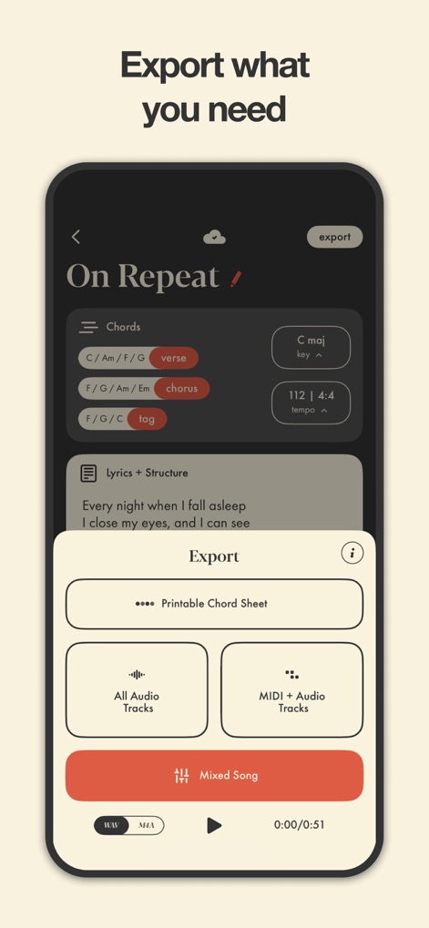 Demo: Songwriting Studio - Export your creative work seamlessly with diverse output formats like WAV and M4A, and choose from multiple types including MIDI files and a fully mixed song.