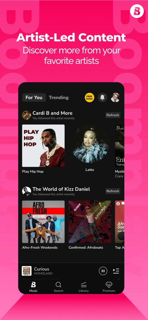 Boomplay Lite：Music Player Pro - Explore how the app highlights artist-led content, showcasing curated playlists and dedicated sections for following favorite artists like Cardi B and Kizz Daniel.
