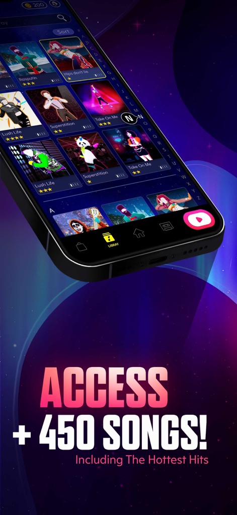Just Dance Now - 本アプリは、多数の楽曲カバーがグリッド表示されており、ユーザーが450曲以上の人気ヒット曲にアクセスできる広範なライブラリを視覚的に示しています。