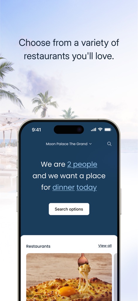 Palace Resorts - Users can easily specify their dining party size and desired mealtime with the "Search options" button, then browse through available restaurants.