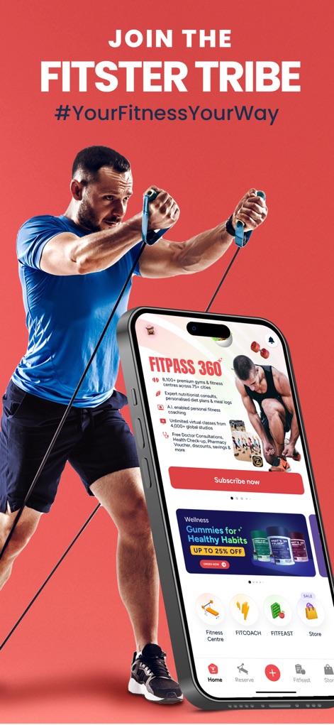 FITPASS - Fitness & Wellness - L'app presenta un'esperienza di benessere olistica, mostrando una visione d'insieme del servizio "FITPASS 360" e la barra di navigazione con accesso rapido a funzionalità chiave come "Fitfeast" e "Store".