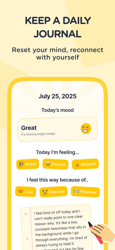 Dear Me: Daily Routine Tracker - The app provides a dedicated space for daily reflection, enabling users to log their mood with descriptive tags and capture their thoughts in a digital journal entry.