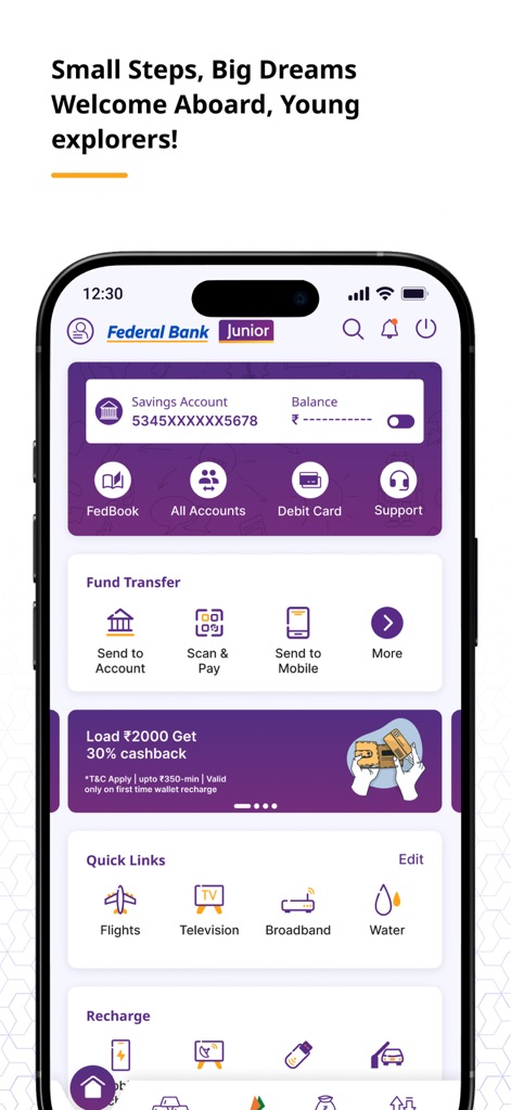 FedMobile - Discover the tailored experience of the 'Federal Bank Junior' interface, offering specialized account management and convenient quick links for services such as 'Flights' and 'Television' payments.