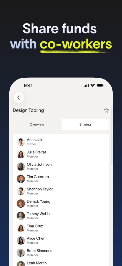 Ramp - 이 앱은 디자인 툴링 팀원 목록(아리안 자인, 줄리아 프레이타스)과 각 팀원의 역할(소유자, 멤버)을 명확하게 표시하여 효율적인 자금 공유를 지원합니다.