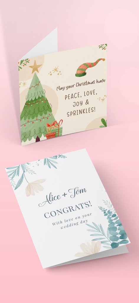 Invitation Maker - Invites4U - Esta captura resalta la calidad de los diseños finales listos para impresión, mostrando una tarjeta de Navidad festiva y otra de felicitación de boda elegante, ambas con un acabado profesional.