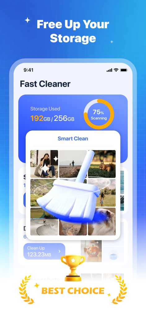 Fast Cleaner - Speed Clean Up - Esta captura muestra la interfaz principal de la aplicación con el medidor de "Almacenamiento Usado", indicando 192GB de 256GB, y la función de "Smart Clean" que promete liberar 123.23MB.