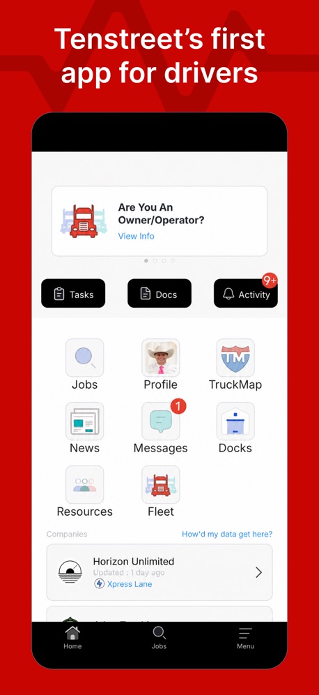 Driver Pulse by Tenstreet App Store screenshot 1, headline “Tenstreet’s first app for drivers”. Red.
