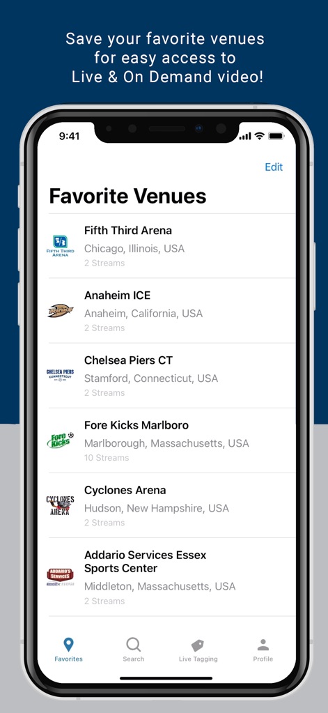LiveBarn - Users can conveniently manage their preferred locations through the 'Favorite Venues' list, easily navigating the app via the intuitive bottom navigation bar.