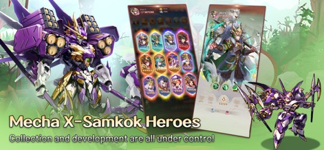 X-Samkok - The app presents its diverse "Mecha X-Samkok Heroes" collection, with players able to manage and develop their "star-rated character cards" for strategic advantage.