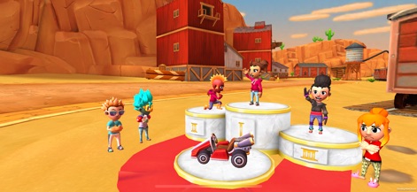 Boom Karts Multiplayer Racing - Os jogadores celebram a conquista no pódio de três níveis, exibindo seus avatares personalizáveis, que realçam a individualidade e o espírito competitivo da comunidade.