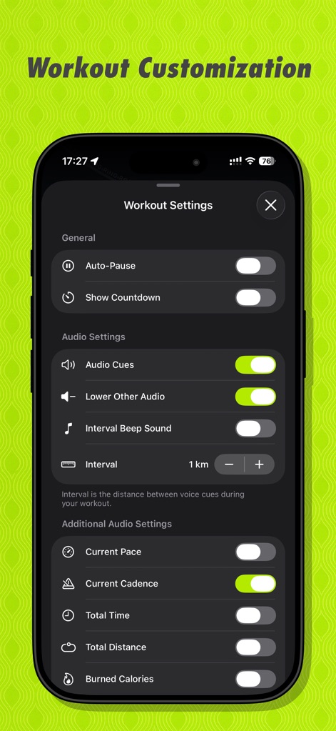 RUN — Running Club & Tracker - Customize every aspect of a workout, from activating auto-pause and audio cues to selecting specific statistics like current pace for real-time audible feedback.