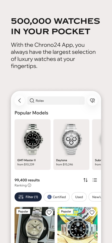Chrono24 | Luxury Watch Market - L'app offre un'ampia varietà di orologi di lusso, come mostrato dalla "ricerca Rolex" e dalla visualizzazione di "Modelli Popolari" come il GMT-Master II e il Daytona, facilitando la navigazione per gli utenti interessati a marchi prestigiosi.