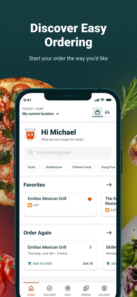 Beyond Menu Food Delivery - Users can easily start their order from the home screen, utilizing the intuitive search bar and accessing their preferred restaurants directly from the 'Favorites' section.