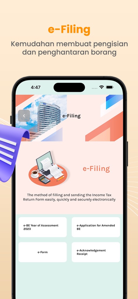 MyTax - Examine the dedicated e-Filing interface, which provides direct access through buttons such as 'e-BE Year of Assessment 2023' and offers convenient 'e-Acknowledgement Receipt' functionality.