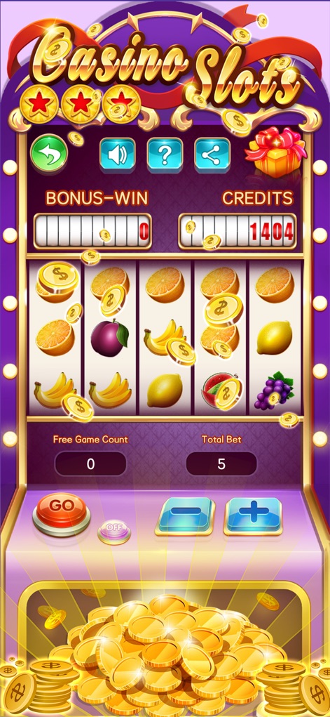 Fruit Slots - Classic Casino - This tool showcases its vibrant fruit-themed slot reels and provides intuitive bet adjustment buttons, alongside clear displays for BONUS-WIN and current CREDITS.