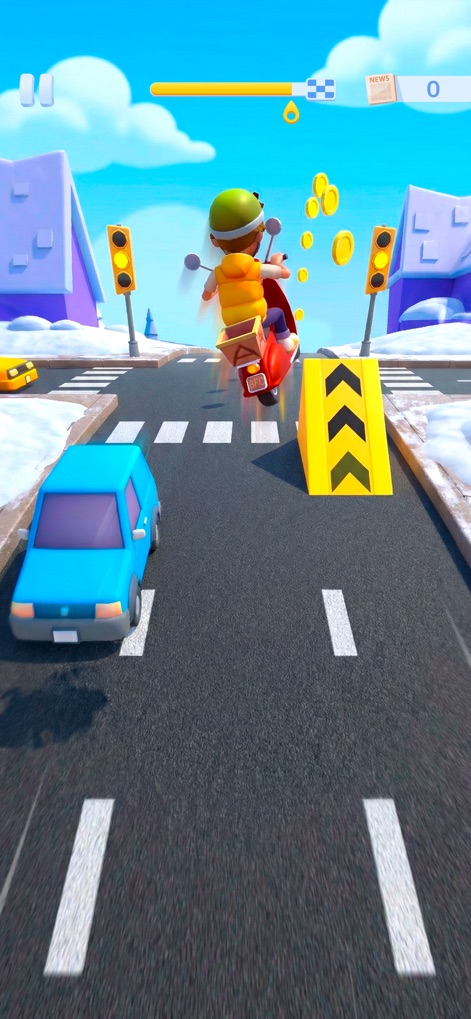 Paper Boy Race: Run & Rush 3D - La aplicación ofrece emocionantes momentos con el salto acrobático desde una rampa, mientras se recolectan las monedas flotantes, todo en un inesperado entorno con nieve en los laterales de la carretera.