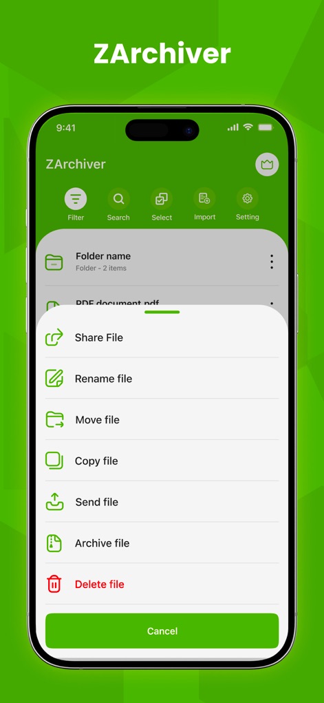 ZArchiver - Explore the extensive context menu, which provides users with direct options to 'Archive file' for compression and 'Share File' for quick distribution.