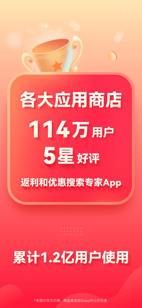 省钱快报-好省钱返利的领优惠券淘一淘薅羊毛购物app - La aplicación exhibe un impresionante "1.14 millones de calificaciones de 5 estrellas", y también destaca su logro de haber sido "utilizada por 120 millones de usuarios" acumulados.