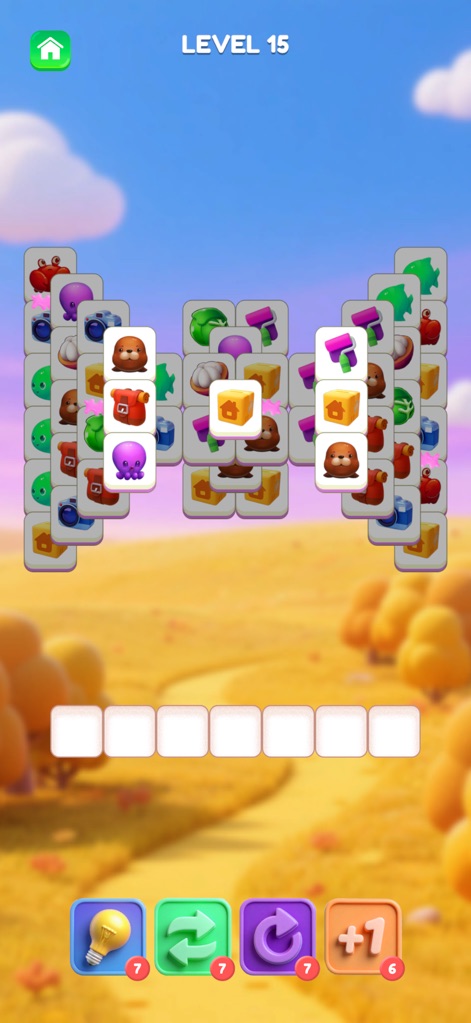 Tile Triple Match: 3D puzzle - Los jugadores descubren una configuración de fichas peculiar, reminiscentes de un lazo, que incluye detalles como cangrejos y champiñones, todo ello enmarcado por un fondo con temática otoñal.