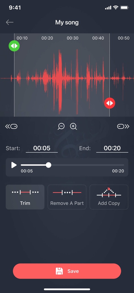 Mp3 Cutter - M4a, Music Cutter - Users can achieve precise cuts using the interactive visual waveform and fine-tune selections with intuitive start and end time selectors.