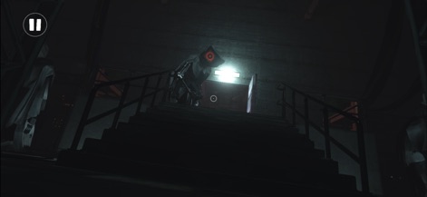 Poppy Playtime Chapter 4 - Uma figura sombria com um olho vermelho brilhante observa do topo de uma escadaria escura, aumentando a atmosfera de terror e a sensação de perigo iminente.