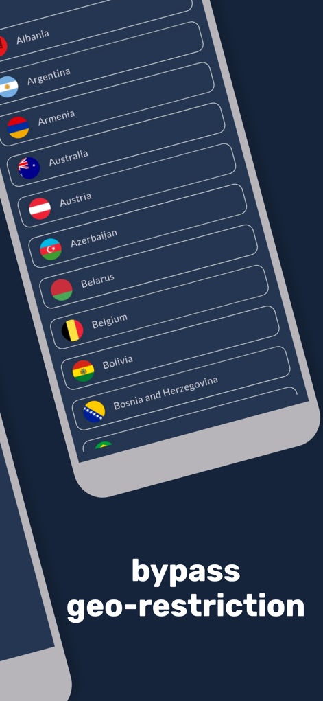 VPN.lat: unlimited and secure - La aplicación facilita el acceso sin restricciones, presentando una lista de países como "Albania" y "Argentina", cada uno identificado con su respectiva "bandera".