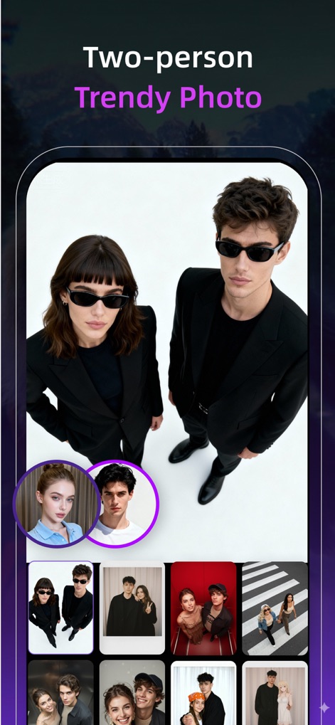 Pixnova: AI Photo&Video Maker - The app facilitates the creation of trendy two-person photos by allowing users to select individual faces and apply them to a variety of themed templates.