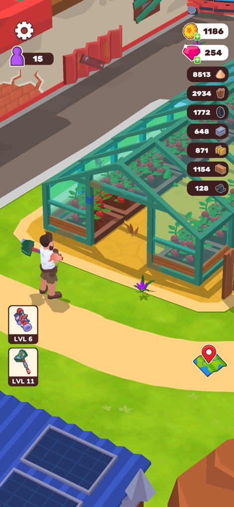 Wasteland Life: Survival Idle - La imagen muestra a un personaje regando plantas dentro de un invernadero de cristal translúcido, evidenciando también los paneles solares en el techo.