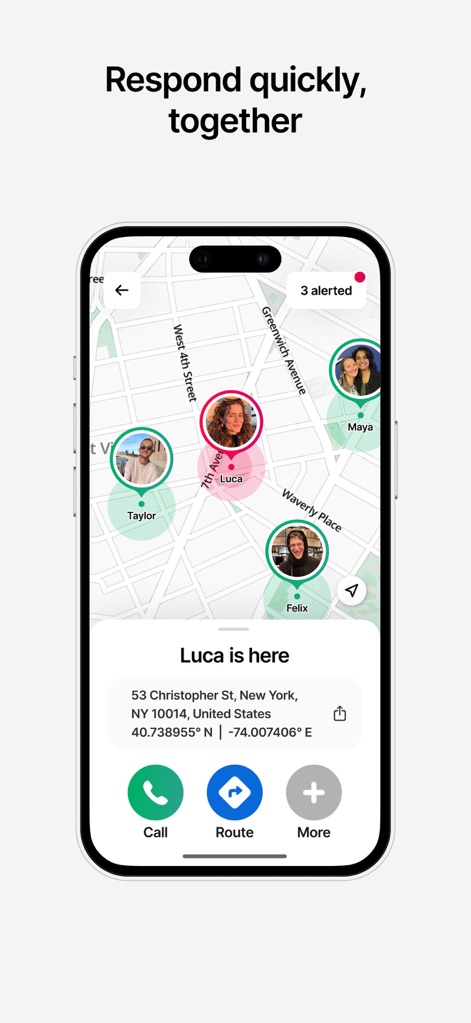 SafeNow™ - Examine the interactive map that displays the location of the person needing help ("Luca") and other alerted contacts ("Taylor," "Maya," "Felix"), offering quick access to routing and communication tools.