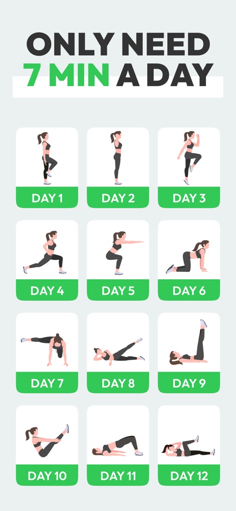 7 Minute Workout: Exercise App - La aplicación ofrece un plan de entrenamiento estructurado con rutinas diarias ilustradas, mostrando claramente la progresión de los días para guiar a los usuarios en su inicio fitness.