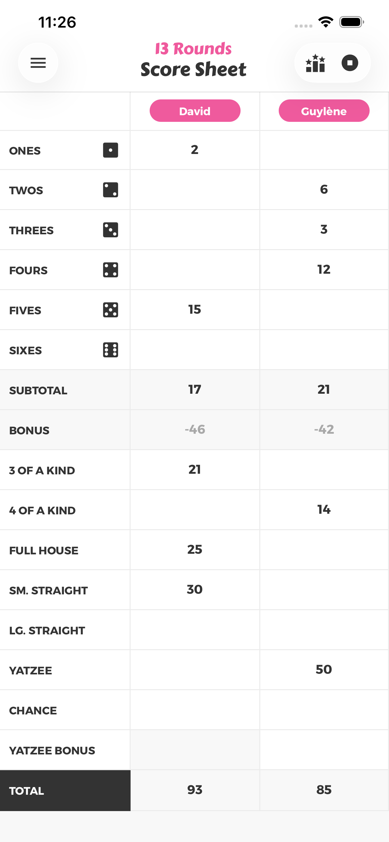 13 Rounds Score Sheet