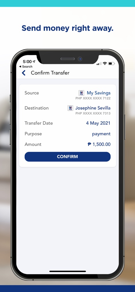 PNB Digital - Realizar transferencias es un proceso claro, detallando la 'Source' y 'Destination' de los fondos, así como la cantidad exacta de la transacción.