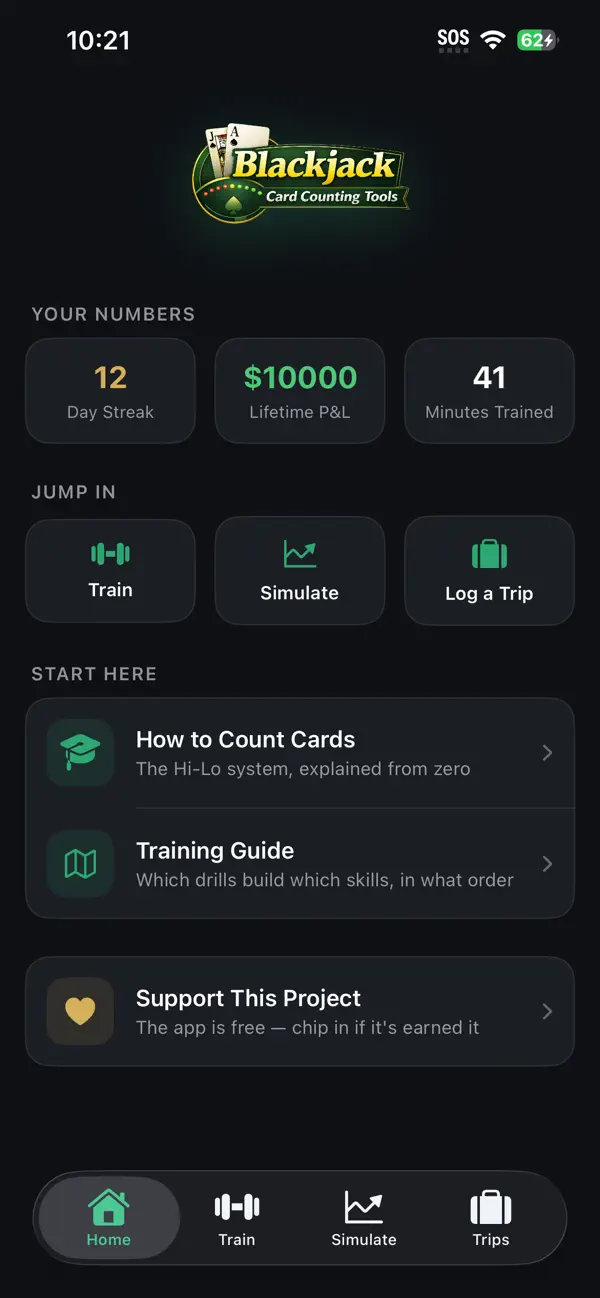 App home screen showing trip rounds, lifetime profit and hours played