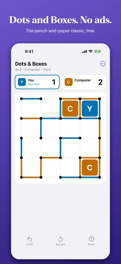Dots and Boxes by Linnet: a dot grid mid-game