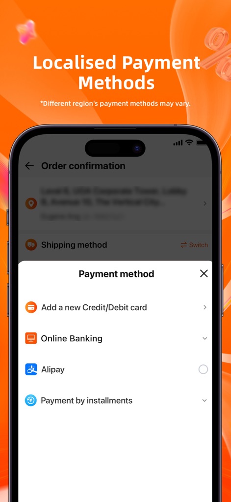 Taobao - Online Shopping App - Users benefit from 'Localised Payment Methods', with options such as 'Online Banking' and 'Alipay' clearly presented in the 'Payment method' selection pop-up during order confirmation.